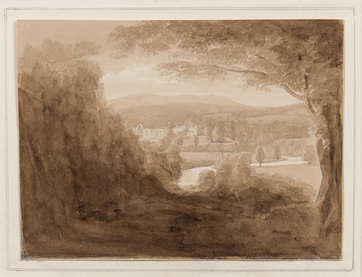Bolton Abbey, Yorkshire, 25.-27. lokakuuta 1824 (kynä, sivellin ja seepiamuste paperille) tekijältä John Scarlett Davis
