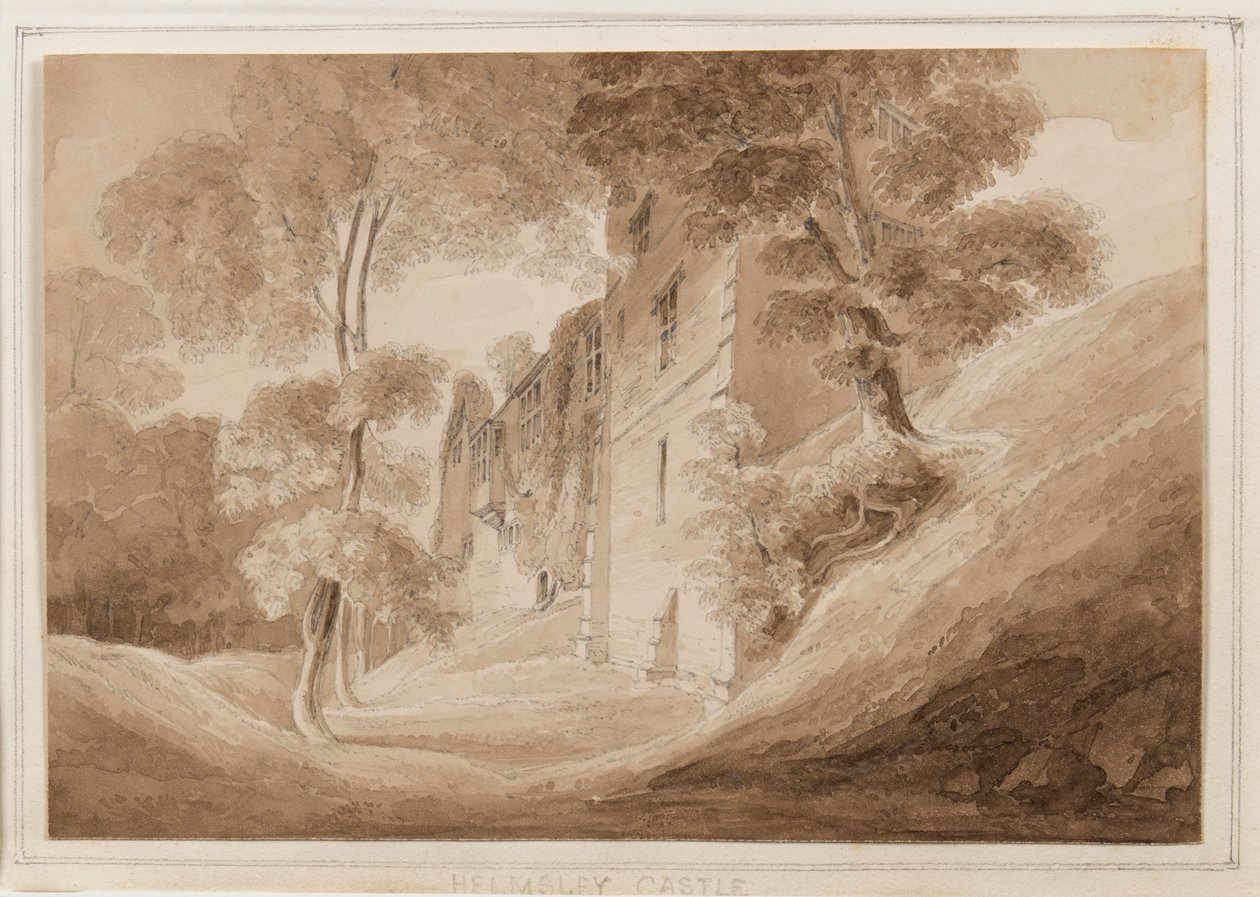 Helmsley Castle, Yorkshire, 25.-27.10.1824 (kynä, sivellin ja seepiamuste paperille) tekijältä John Scarlett Davis