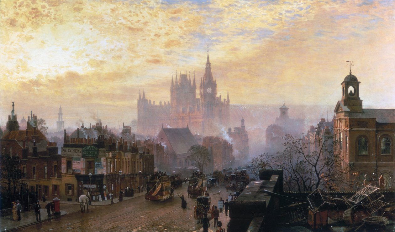 "Pentonville Roadilta länteen katsoen: Ilta", 1884 tekijältä John Scorrer O