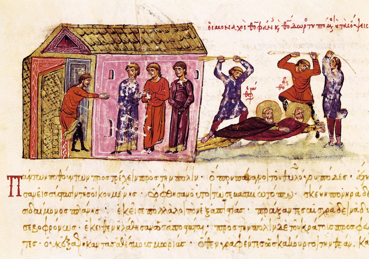 Munkit Saint Theophanes the Rippintäjä (n.759-818) ja Saint Theodore the Studite (759-826) ruoskittiin keisari Theophilen käskystä, pienoiskuva "Synopsis historiarumista", n.1126-1150 tekijältä John Scylitzes