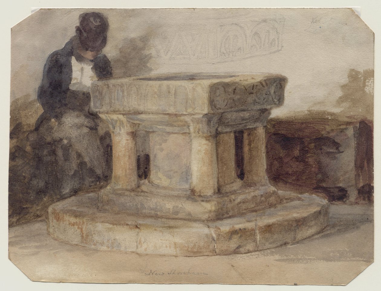 The Font of New Shoreham Church, West Sussex, taiteilija William Scott Brightonista nukkumassa tekijältä John Sell (style of) Cotman