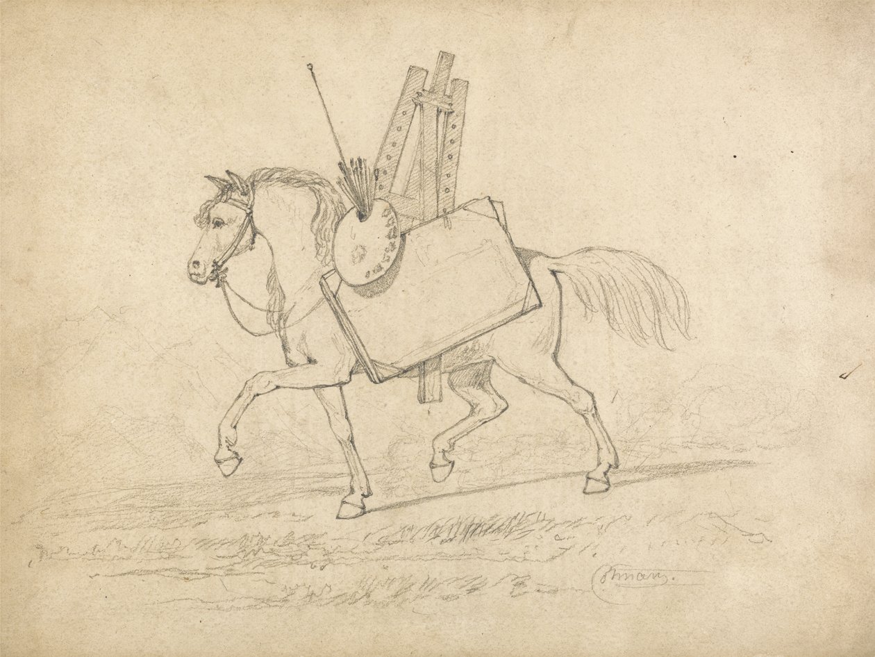 Taiteilijatarvikkeilla ladattu hevonen kävelee vasemmalle (grafiitti paperille) tekijältä John Sell Cotman