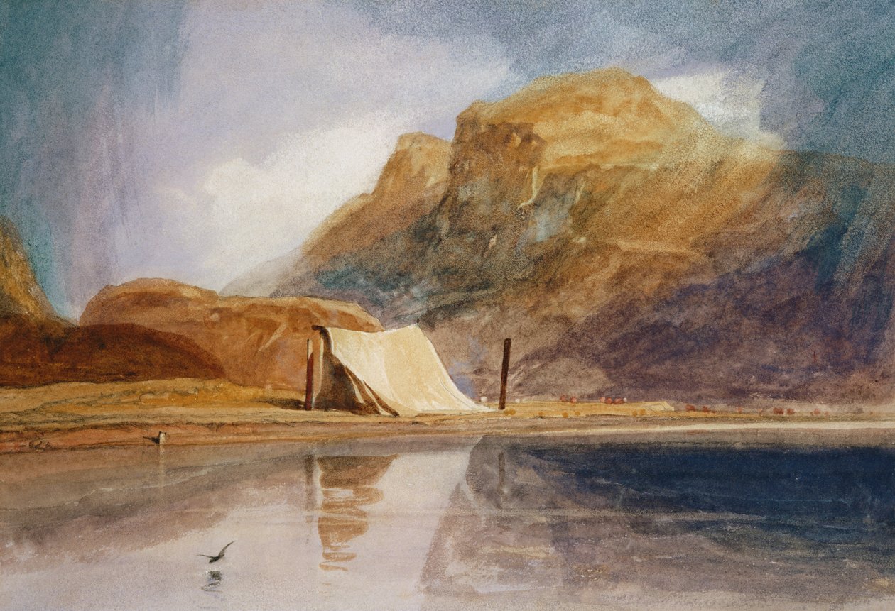 Vuoristoinen järvi, jonka rannalla on teltta tekijältä John Sell Cotman