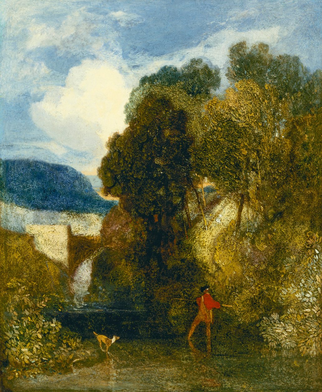 Jokimaisema kalastajan ja hänen koiransa kanssa (öljy kankaalle) tekijältä John Sell Cotman