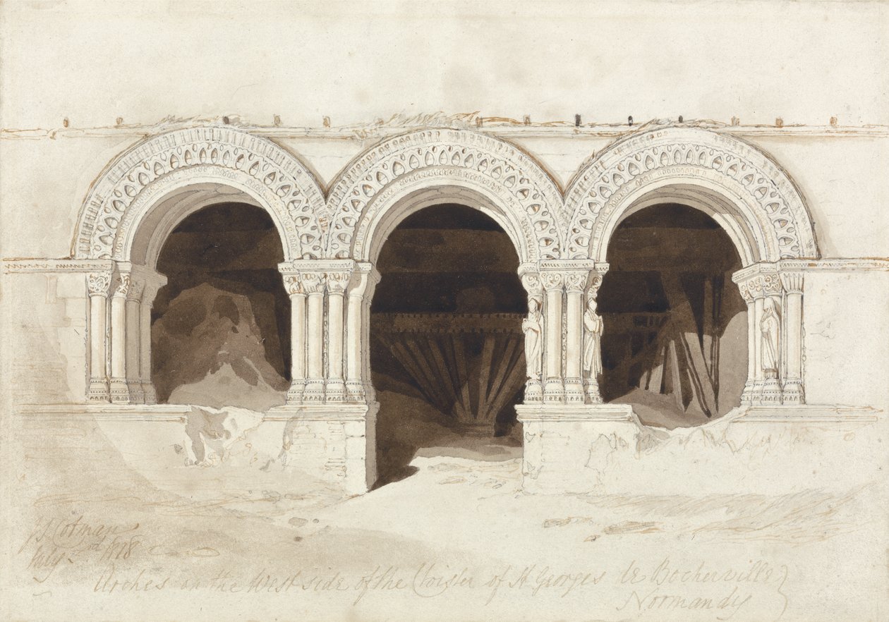 Kaaret St. Georges de Boschervillen luostarin länsipuolella, lähellä Rouenia, Normandiassa, n. 1818 (grafiitti, ruskea pesu ja kynä ja muste paperilla kortilla) (katso 172543) tekijältä John Sell Cotman