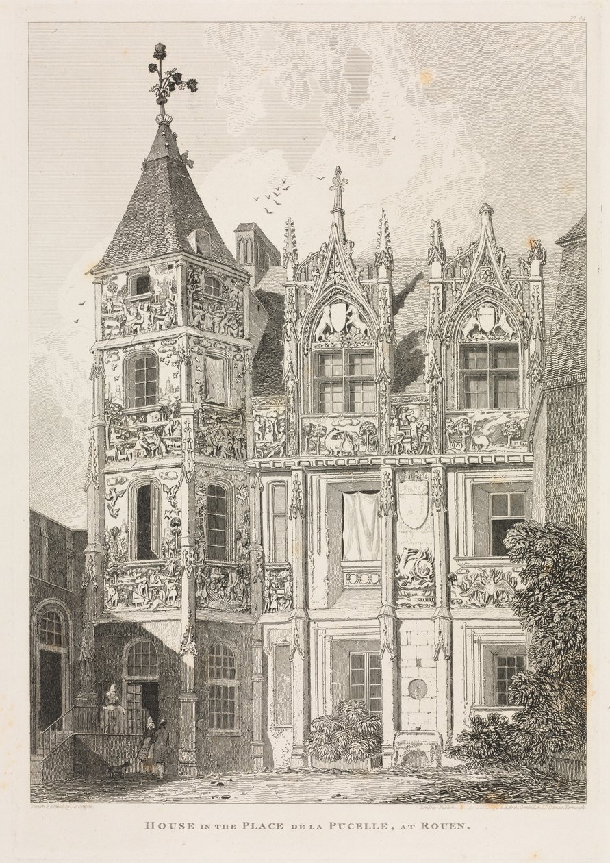 Normandian arkkitehtuuriset muinaisaineet, Voi. II, Pl. 64: Talo Place de la Pucellessa, Rouenissa, tekijältä John Sell Cotman