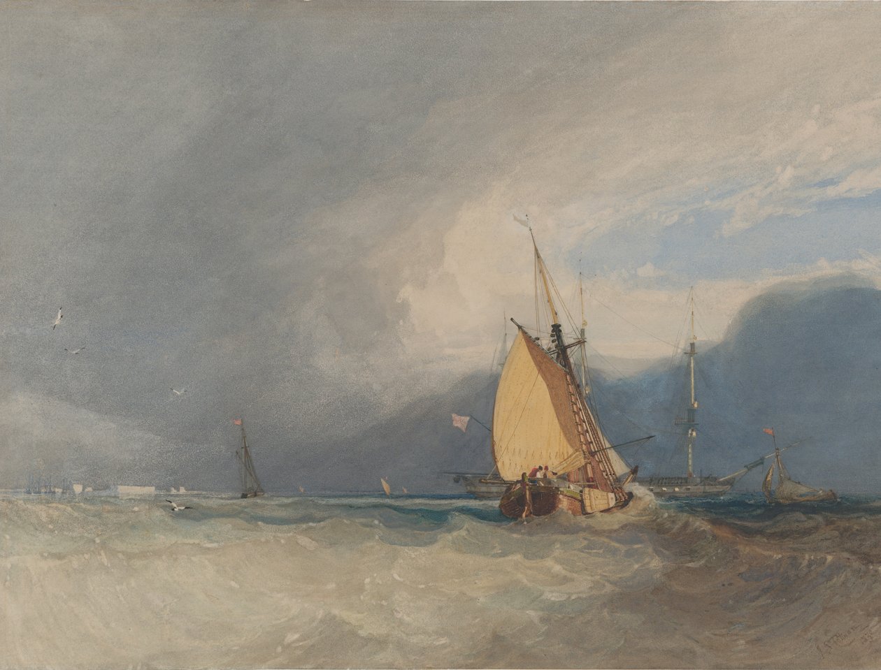 Veneitä rannikolla, myrsky lähestyy, 1830. tekijältä John Sell Cotman