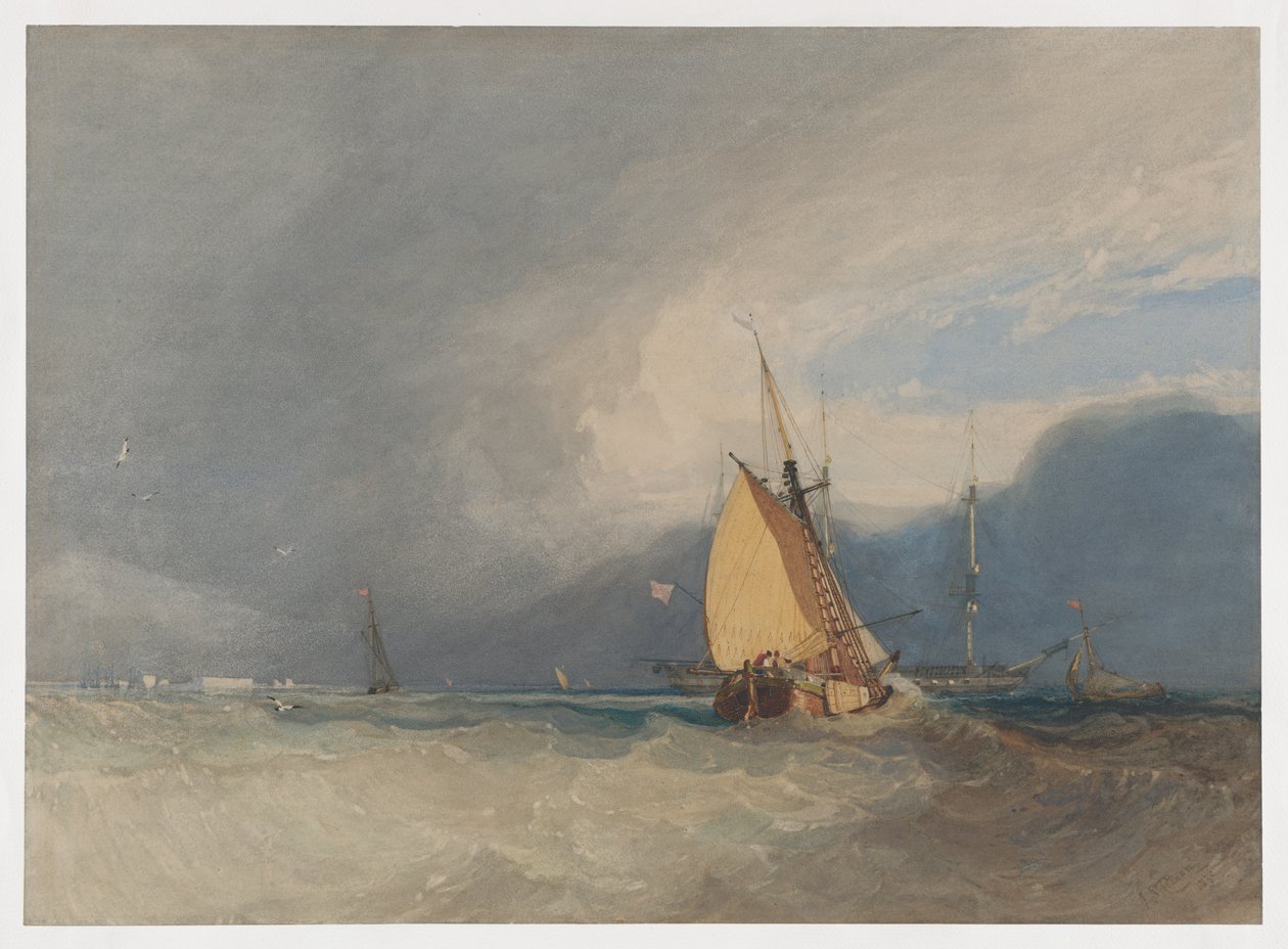 Veneitä rannikon edustalla, myrsky lähestyy tekijältä John Sell Cotman