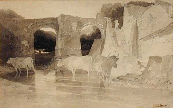 Silta ja lehmät (kynä ja muste ja pese paperille) tekijältä John Sell Cotman