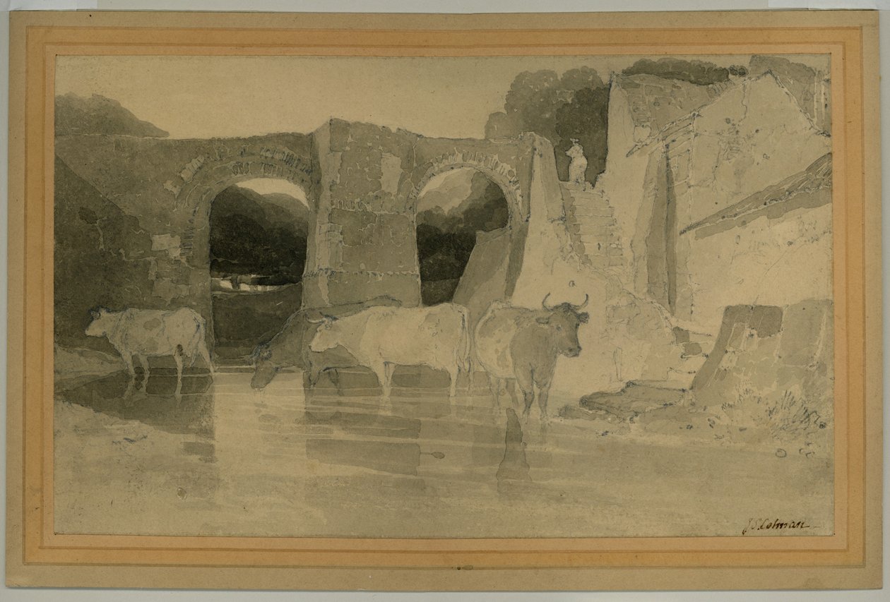 Silta ja lehmät, n. 1803-04 (kynä pesulla paperilla) tekijältä John Sell Cotman
