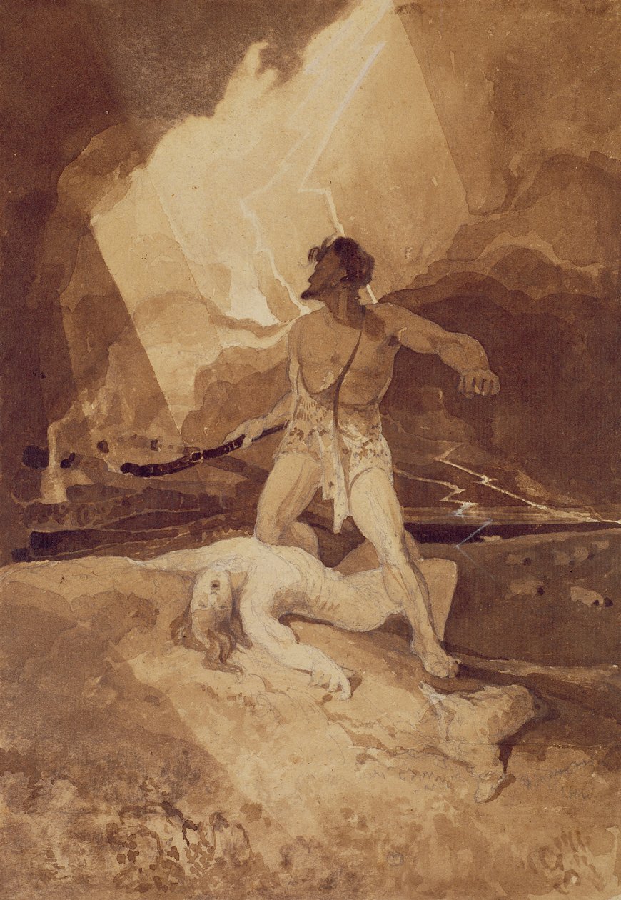 Kain ja Abel, 1800-03 (seepianpesu mustan lyijyn päällä) tekijältä John Sell Cotman