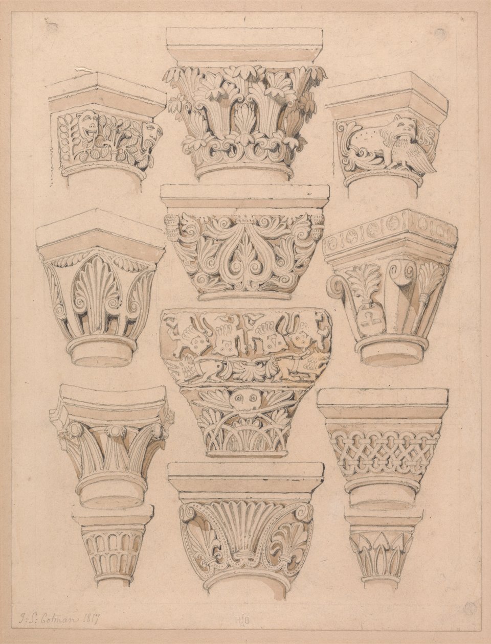 Capitals St. Georges de Bochervillen luostarikirkossa, lähellä Rouenia, Normandiassa. tekijältä John Sell Cotman