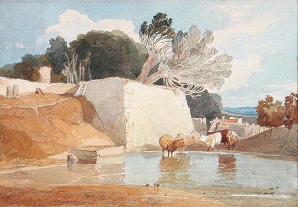 Karjan juottaminen (akvarelli paperille) tekijältä John Sell Cotman