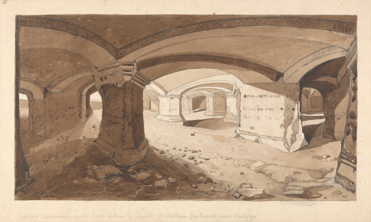 Kallioon kaivetut luolat Chateau Gaillardin linnassa, lähellä Andelysiä Normandiassa tekijältä John Sell Cotman