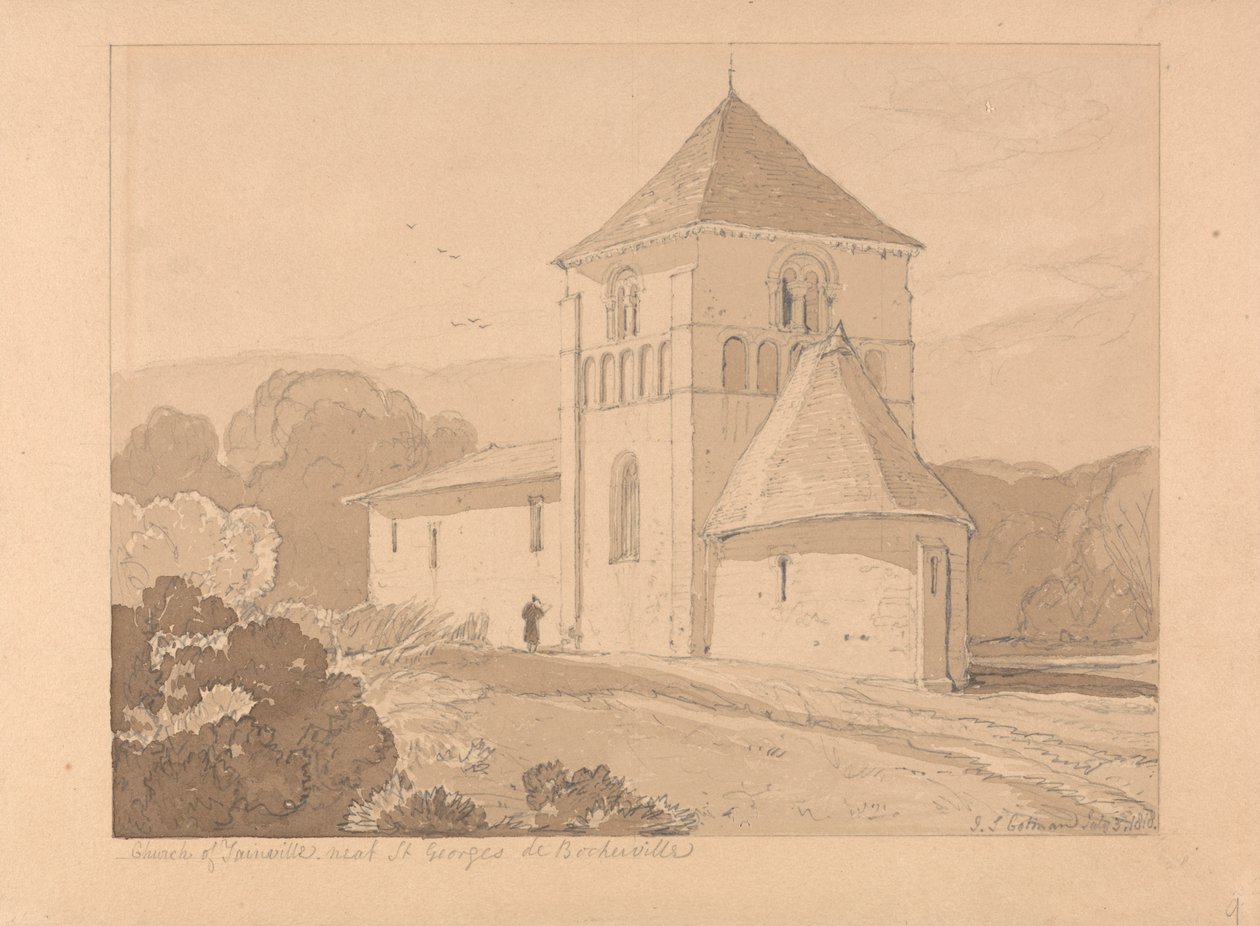 Yainvillen kirkko, lähellä Saint Georges de Boschervilleä, Normandiassa tekijältä John Sell Cotman