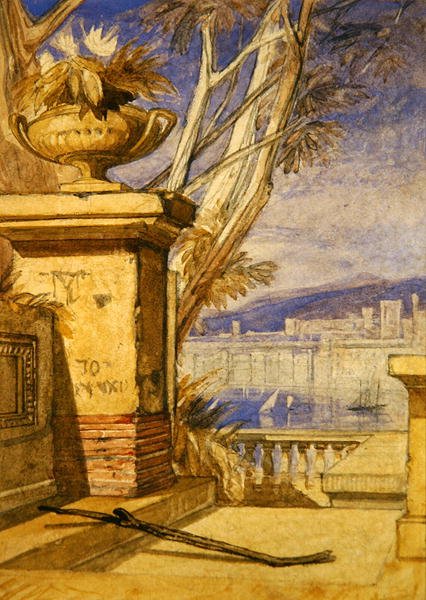 Klassinen maisema uurnalla: malli etukappaleelle (kynä ja akvarelli paperille) tekijältä John Sell Cotman