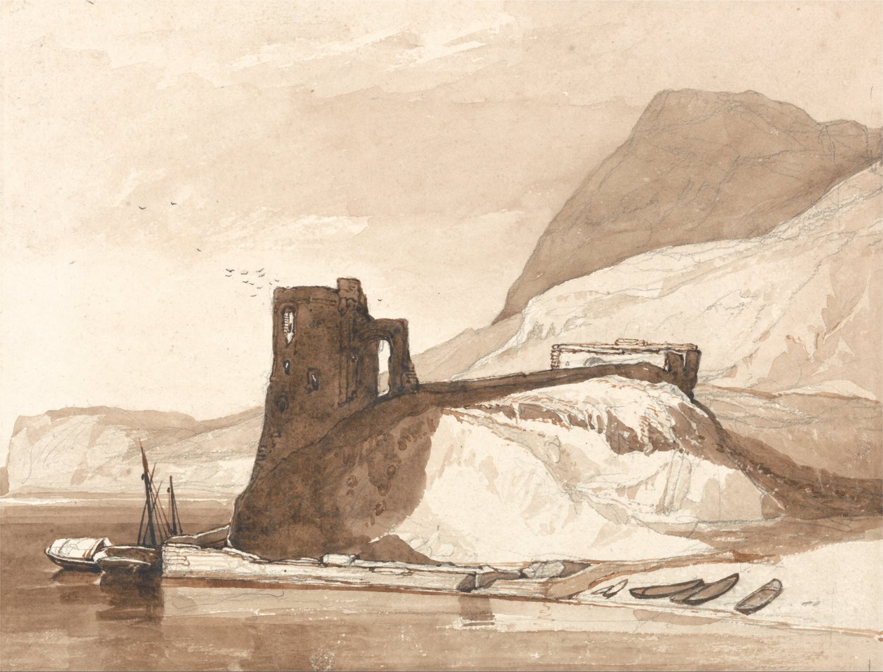 Rannikkokohtaus, jossa on linna tekijältä John Sell Cotman