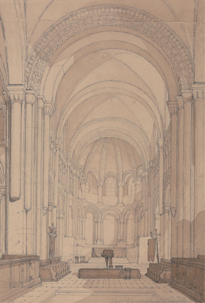 East End of the Abbey Church of Saint Georges de Bocherville, lähellä Rouenia, Normandiassa tekijältä John Sell Cotman
