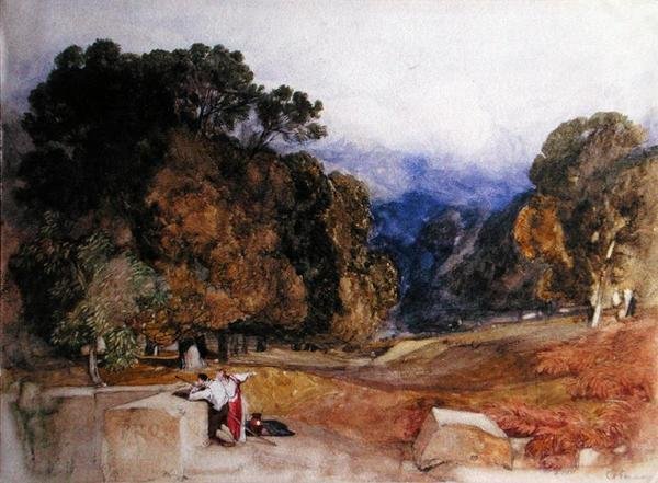 Figuurit puistossa (kynä ja akvarelli paperille) tekijältä John Sell Cotman