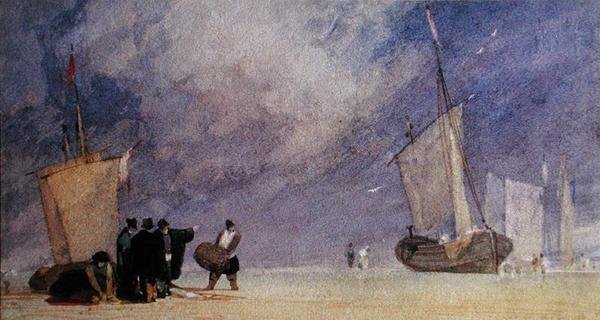 Figuurit rannalla purkamassa venettä laskuveden aikaan (kynä ja ruskea muste ja akvarelli paperille) tekijältä John Sell Cotman
