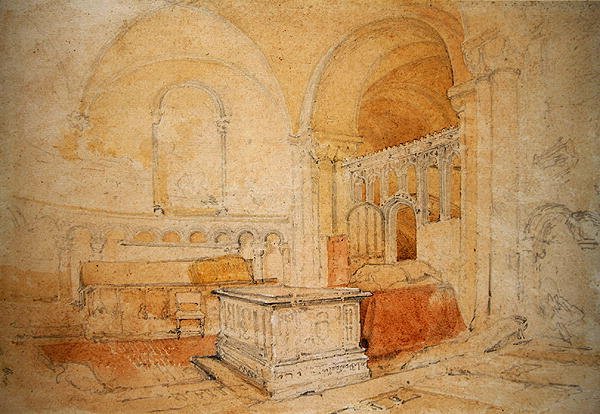 Norwichin katedraalin sisustus (kynä ja akvarelli paperille) tekijältä John Sell Cotman