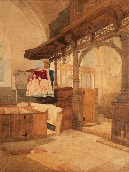 Trentham Churchin sisustus, Staffordshire, n. 1808 (akvarelli paperille) tekijältä John Sell Cotman