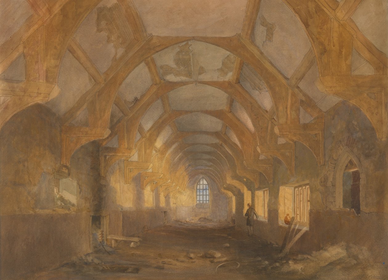 Ipswich Blackfriarsin asuntolan sisätilat Ipswichin koulun käytössä olleen ajanjakson lopussa tekijältä John Sell Cotman