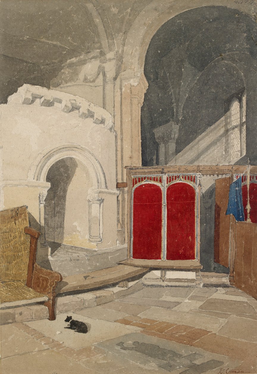Norwichin katedraalin Apsen itäisen ambulatorion sisustus, 1800-luvun alku tekijältä John Sell Cotman
