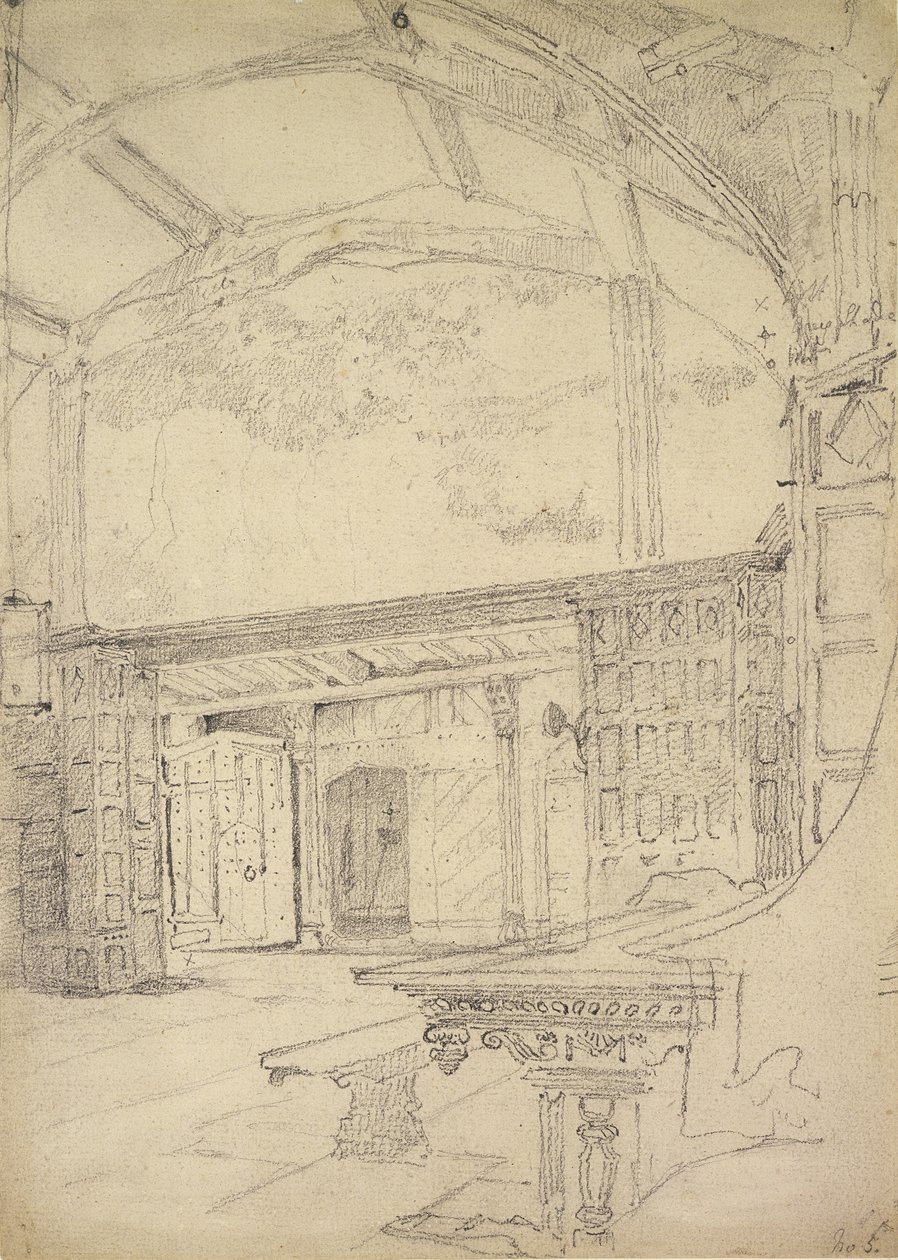 Suuren salin sisätilat, Little Moreton Hall, Cheshire tekijältä John Sell Cotman