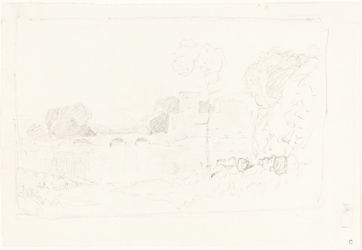 Maisemapiirros sillan ja linnan kanssa tekijältä John Sell Cotman