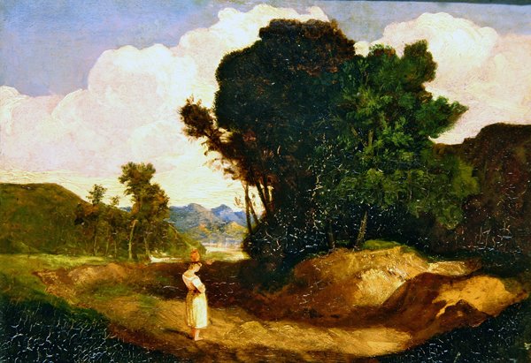 Maisema figuurilla (öljy paneelissa) tekijältä John Sell Cotman