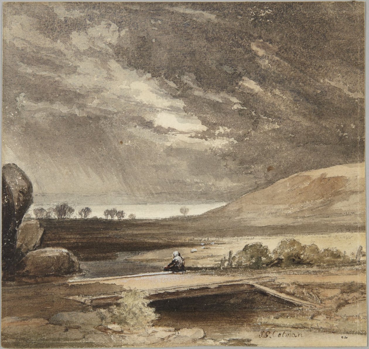 Maisema, myrskypilviä ja silta tekijältä John Sell Cotman