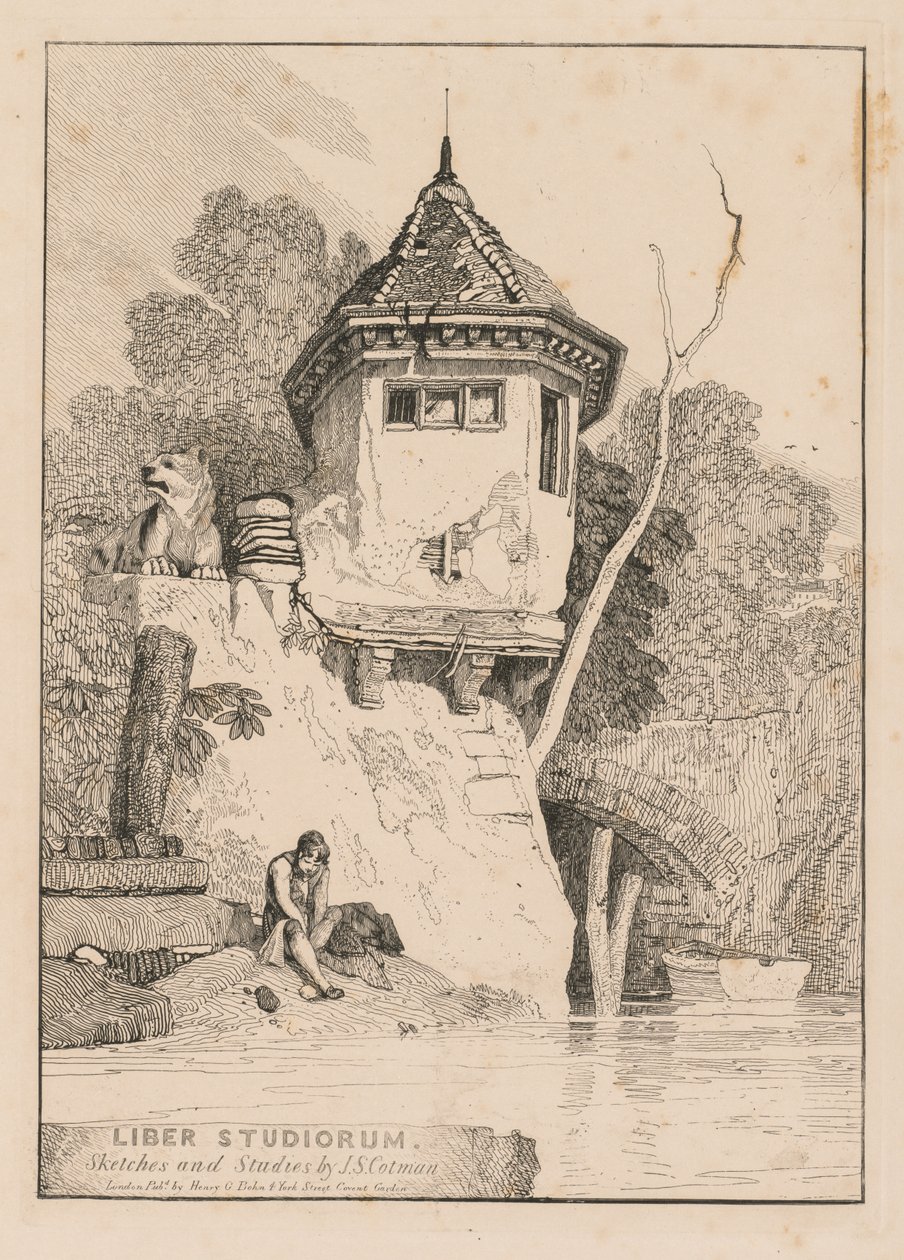 Liber Studiorum; Frontispiece, näkymä puutarhataloon Yare-joen rannalla tekijältä John Sell Cotman