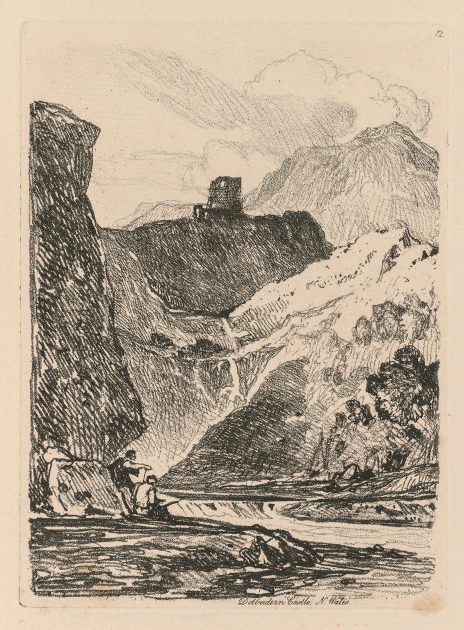 Liber Studiorum: Plate 12, Dolbadern Castle, Llanberris Lake, North Wales, 1838. tekijältä John Sell Cotman