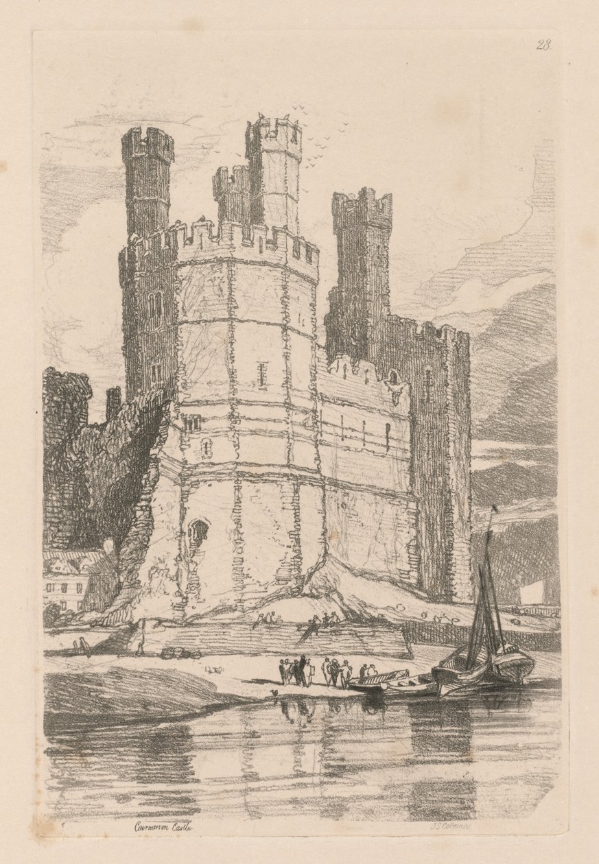 Tutkimuskirja: Plate 28, Caernarvon Castle, N. Wales, 1838 tekijältä John Sell Cotman