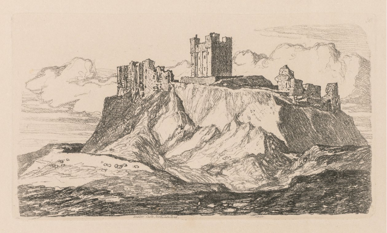 Tutkimuskirja: Plate 30, Bambron linna, Northumberland, 1838 tekijältä John Sell Cotman