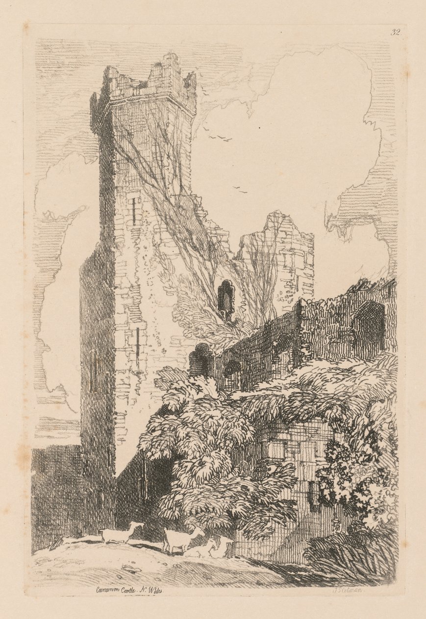 Liber Studiorum: Plate 32, Caernarvonin linna, N. Wales, 1838 tekijältä John Sell Cotman