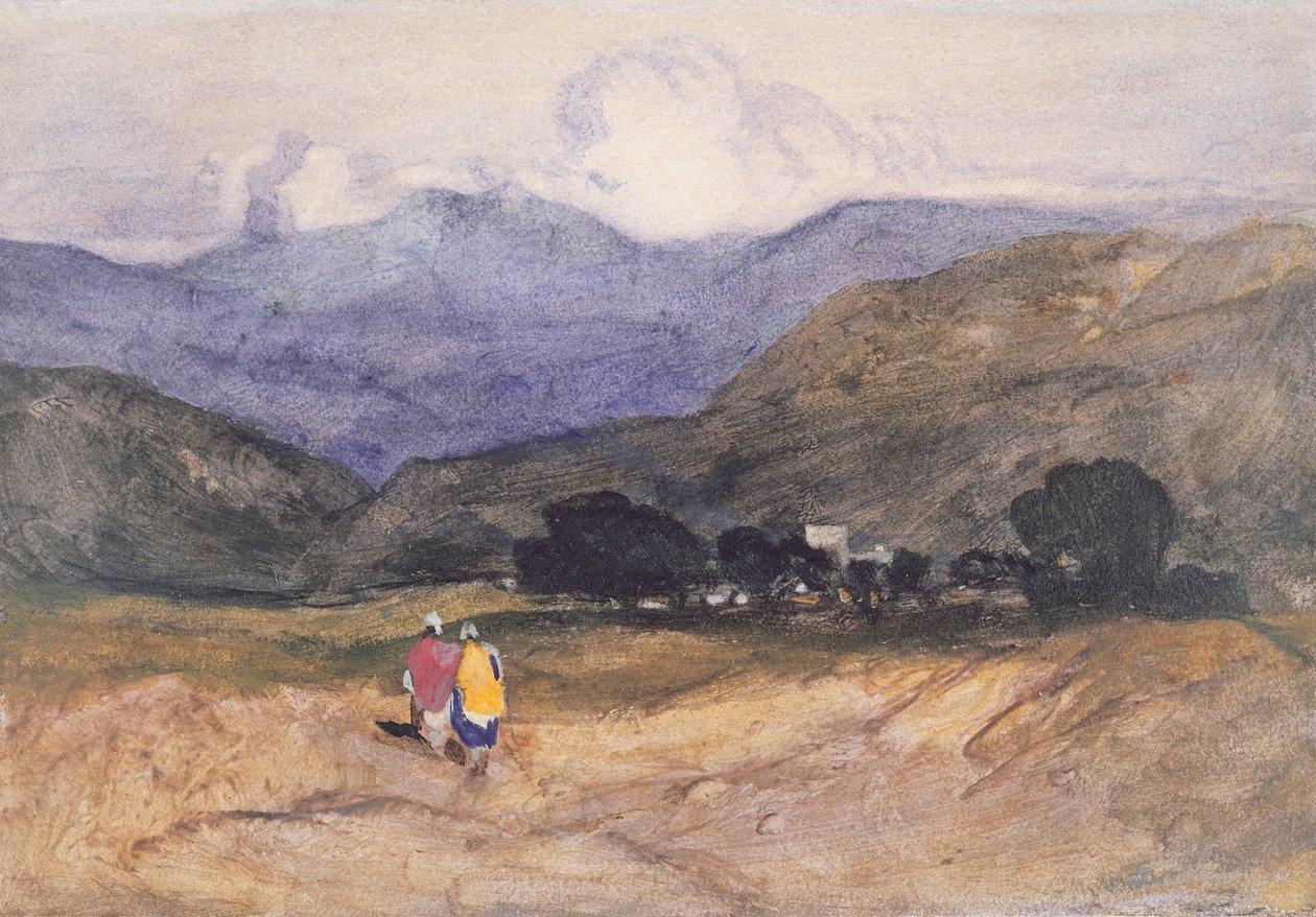 Vuoristomaisema hahmoilla (akvarelli ja guassi paperille) tekijältä John Sell Cotman
