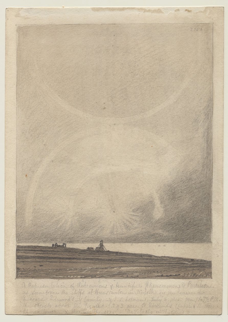 Recto: Hunstantonin majakalta 6. heinäkuuta 1816 nähty parhelionin vaikutus. tekijältä John Sell Cotman
