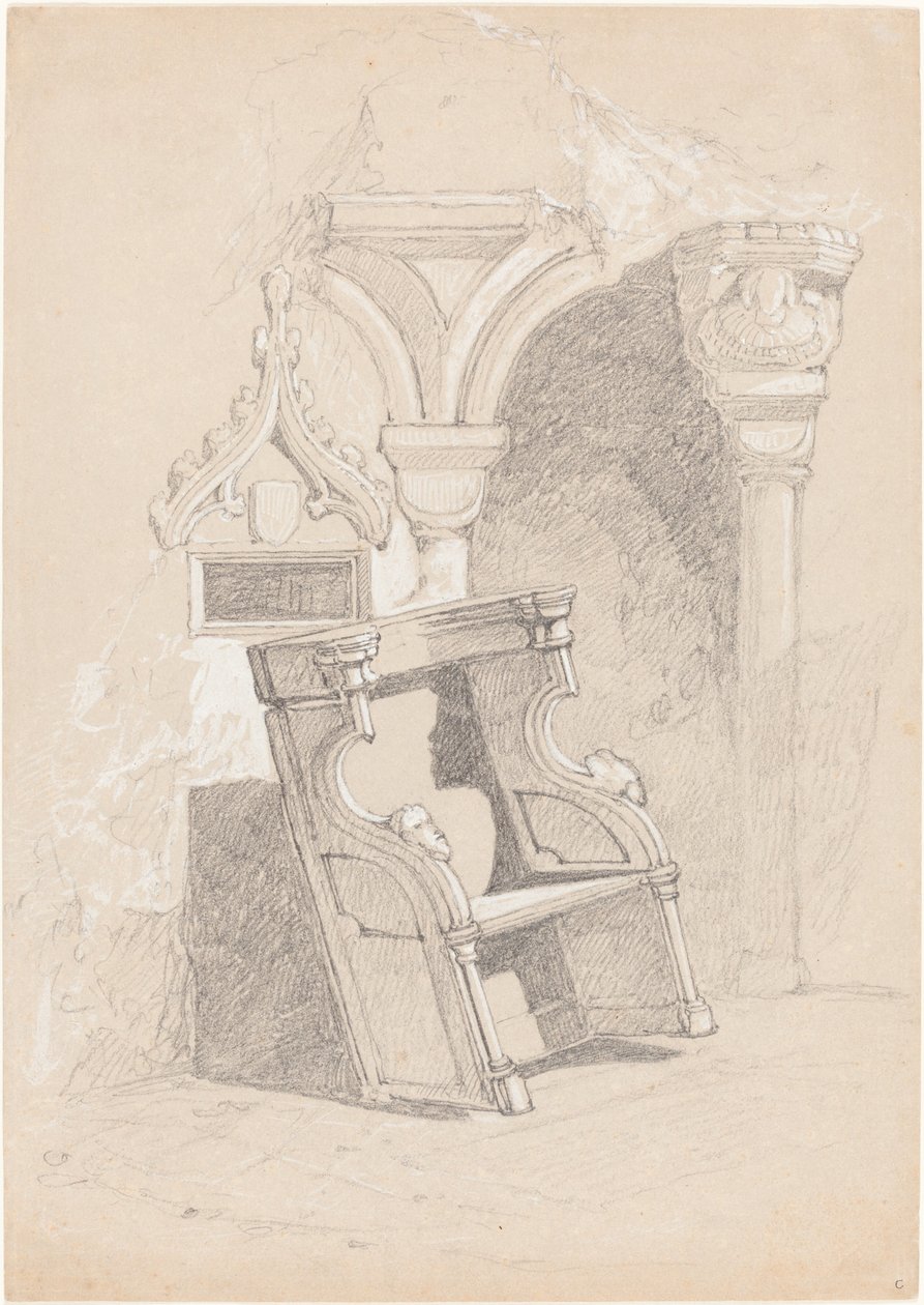 Luonnos tuhoutuneesta kirkon sisustuksesta tuolin kanssa tekijältä John Sell Cotman