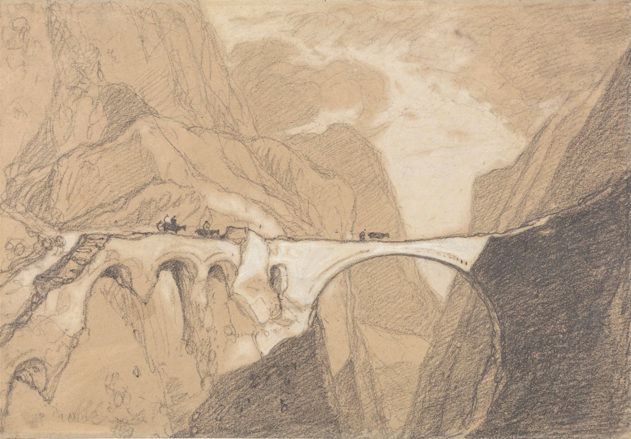 Matkailijat ylittävät sillan Alppien rotkon yli tekijältä John Sell Cotman