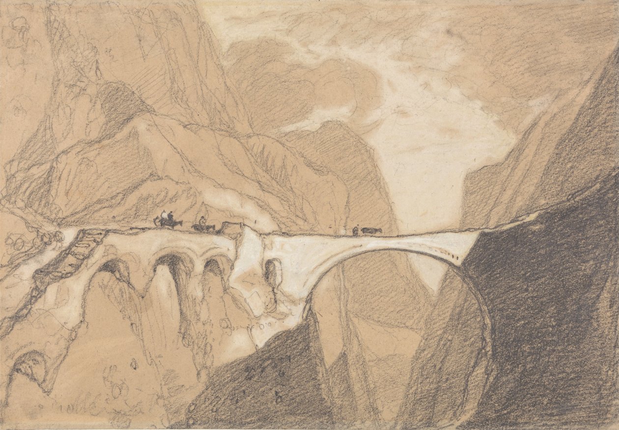 Matkustajat ylittävät siltaa Alppien rotkon yli tekijältä John Sell Cotman