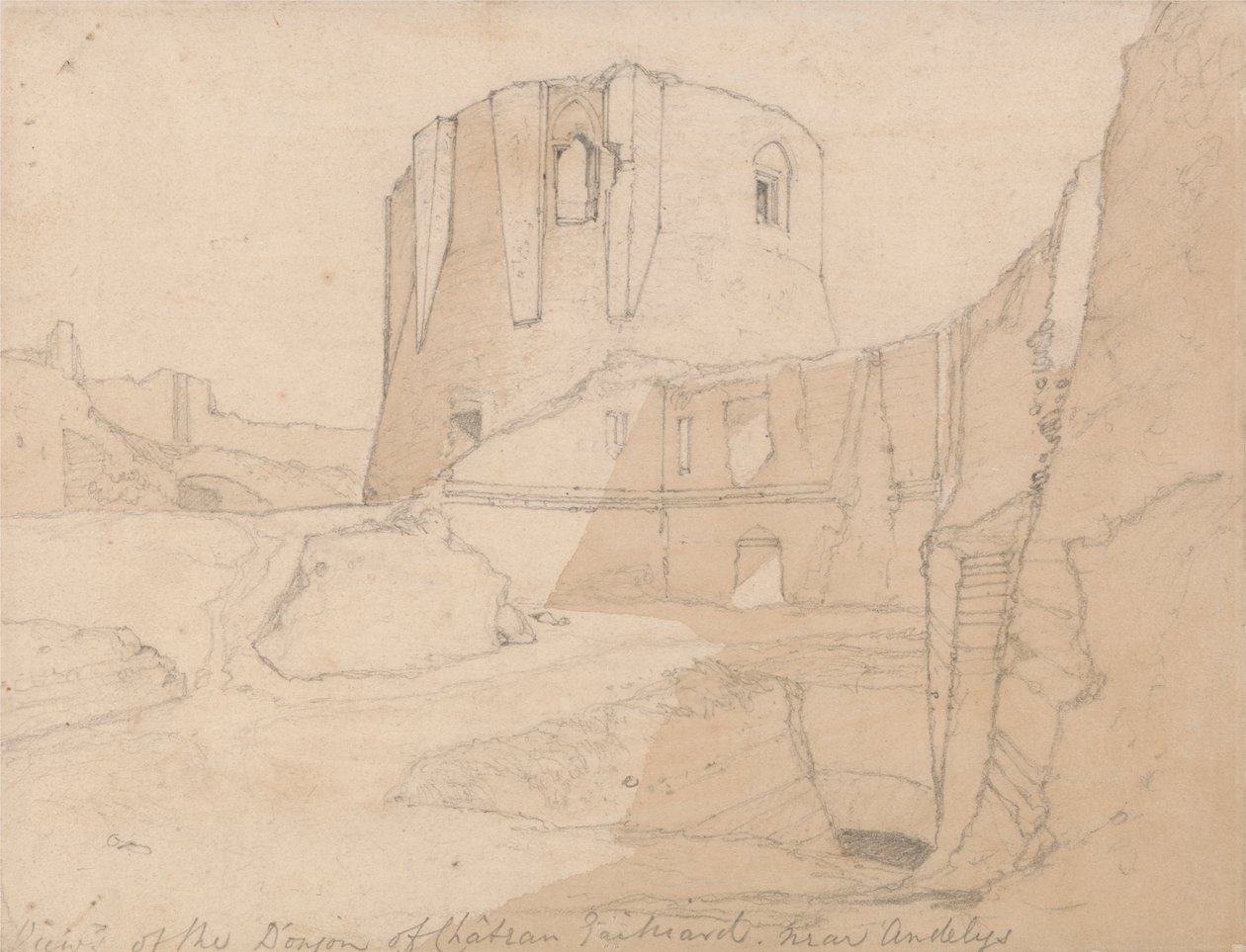 Näkymä Chateau Gaillardin Donjonille, lähellä Andelysiä Normandiassa tekijältä John Sell Cotman