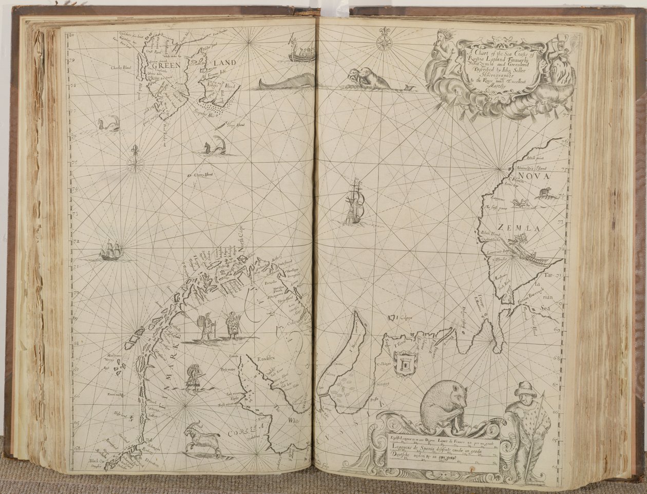 Kartta Venäjän, Lapin, Finmarken, Nova Zemlan ja Grönlannin meren rannikoista, 1671 tekijältä John Seller