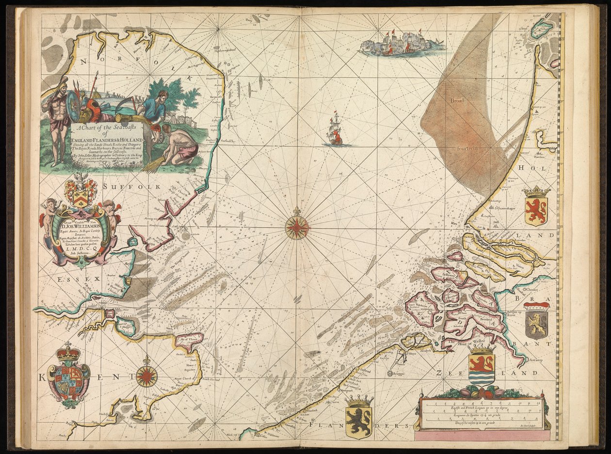 Kartta Englannin, Flanderin ja Hollannin merirannikosta, noin 1672 (vedos). tekijältä John Seller