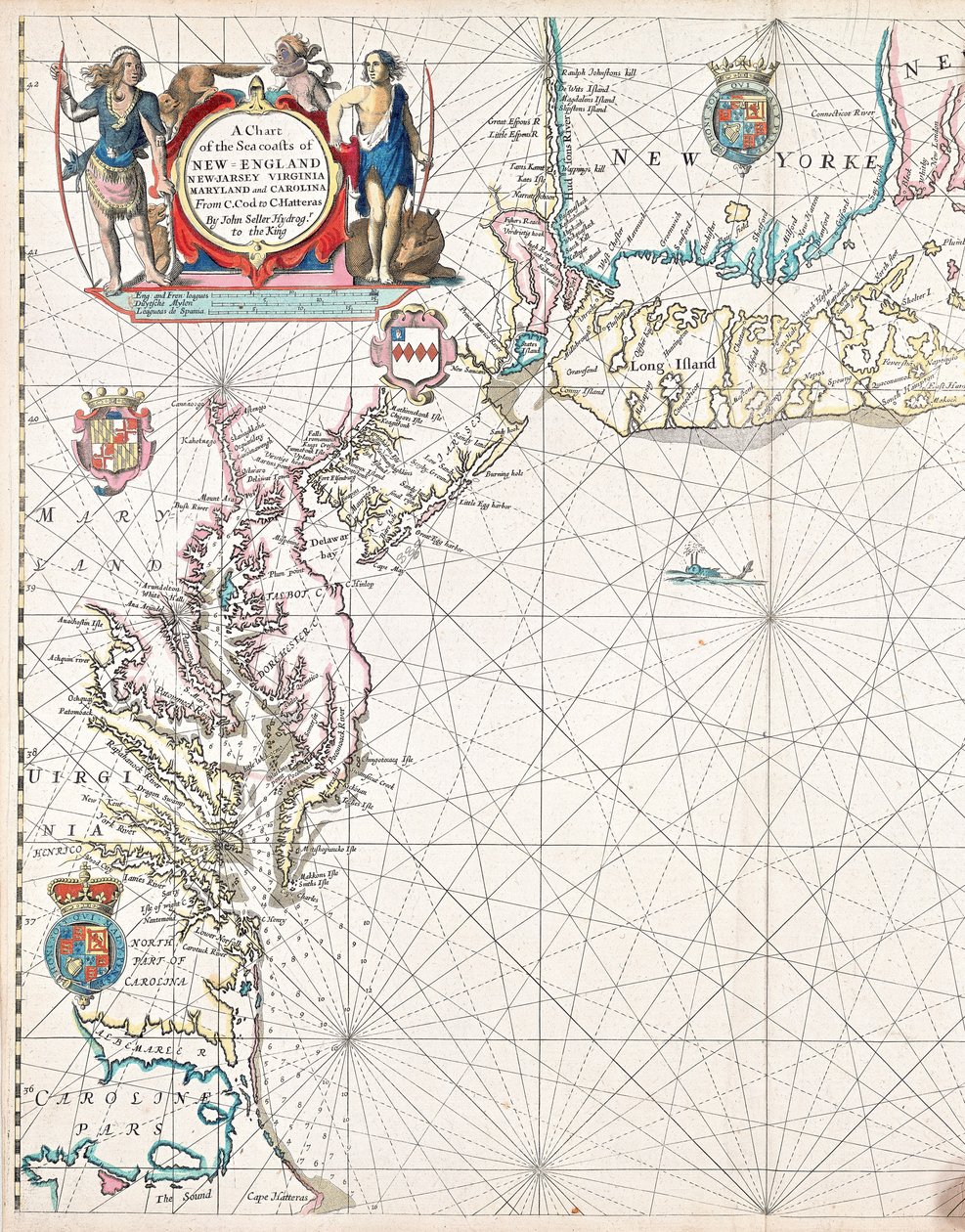 Kartta Uuden Englannin, New Jerseyn, Virginian, Marylandin ja Carolinan merirannikoista Cape Codista Cape Hatterasiin. tekijältä John Seller