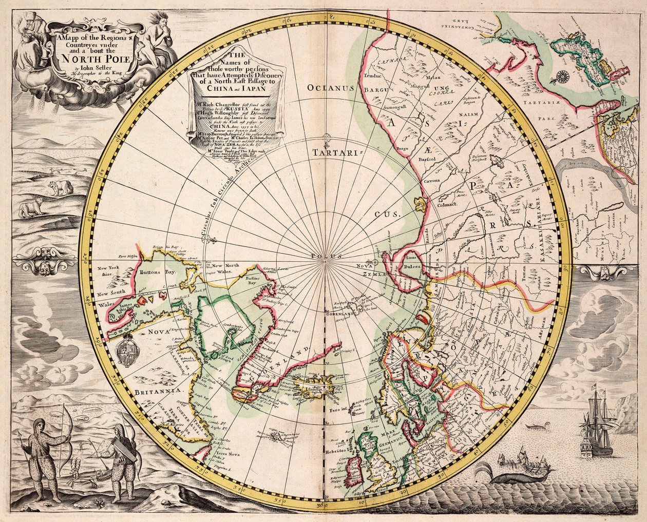 Napapiirikartta, jossa on napapiiri, noin 1680 (värillinen kaiverrus). tekijältä John Seller