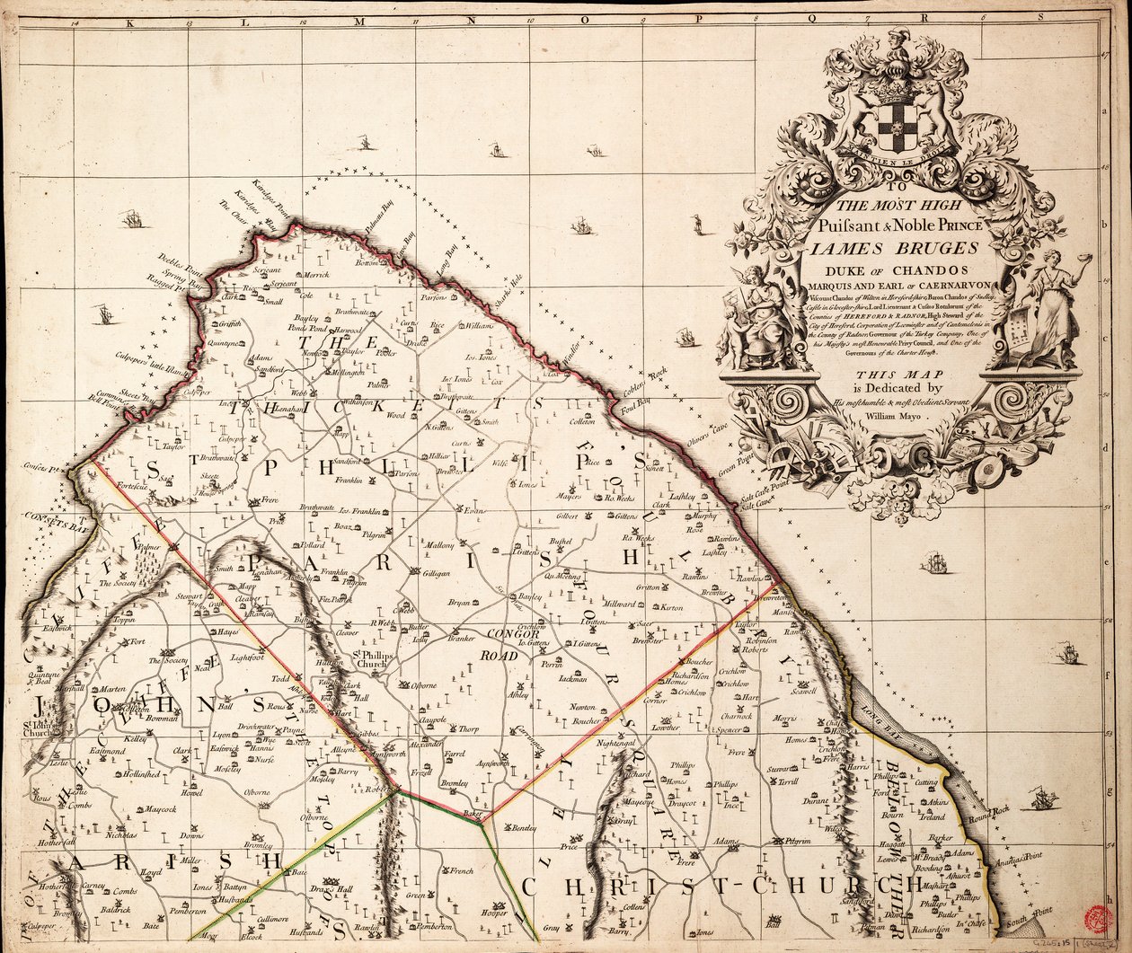 Uusi ja tarkka kartta Amerikassa sijaitsevasta Barbadosin saaresta William Mayon vuosina 1717-1721 tekemän kartoituksen mukaan. tekijältä John Senex