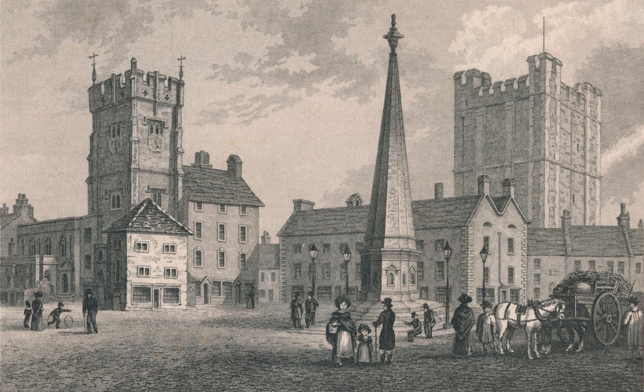Market Place Richmond, Trinity Church and Keep of Richmond Castle, 1831 tekijältä John Shury