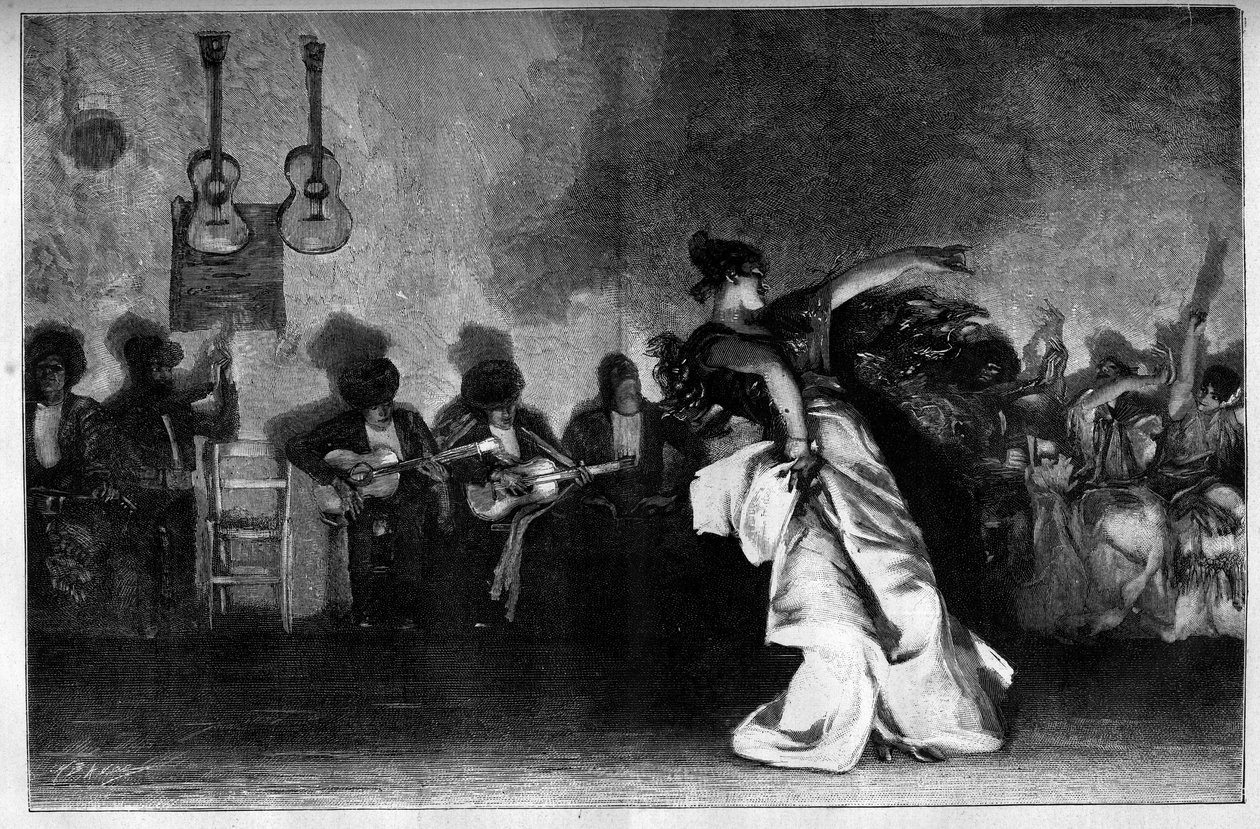 El Jaleo - Mustalaistanssit. Kitaristit ja flamencotanssijat. Kaiverrus John Singer Sargentin (1856-1925) maalauksen jälkeen teoksessa "The Illustrous World" nro 1335 28. lokakuuta tekijältä John Singer (after) Sargent